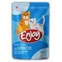 Enjoy Pouch Sos İçinde Et Parçacıklı Beyaz Balıklı Yetişkin Kedi Maması 85 gr