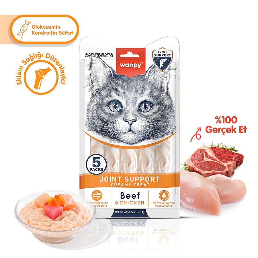 Wanpy Eklem Sağlığı Destekleyici Sığır Eti & Tavuk Fonksiyonel Kedi Kreması Kedi Kreması Ödülü 5ad x 14gr