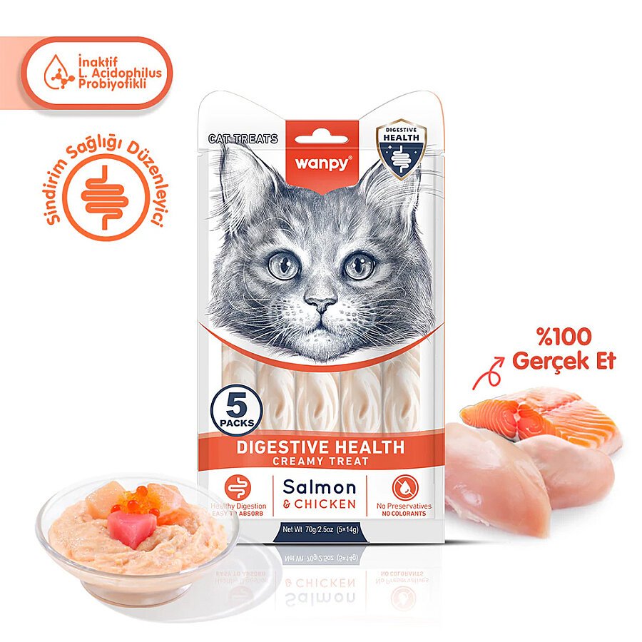 Wanpy Sindirim Sağlığı Destekleyici Somon Balığı&Tavuk Fonksiyonel Kedi Kreması 5ad x 14gr