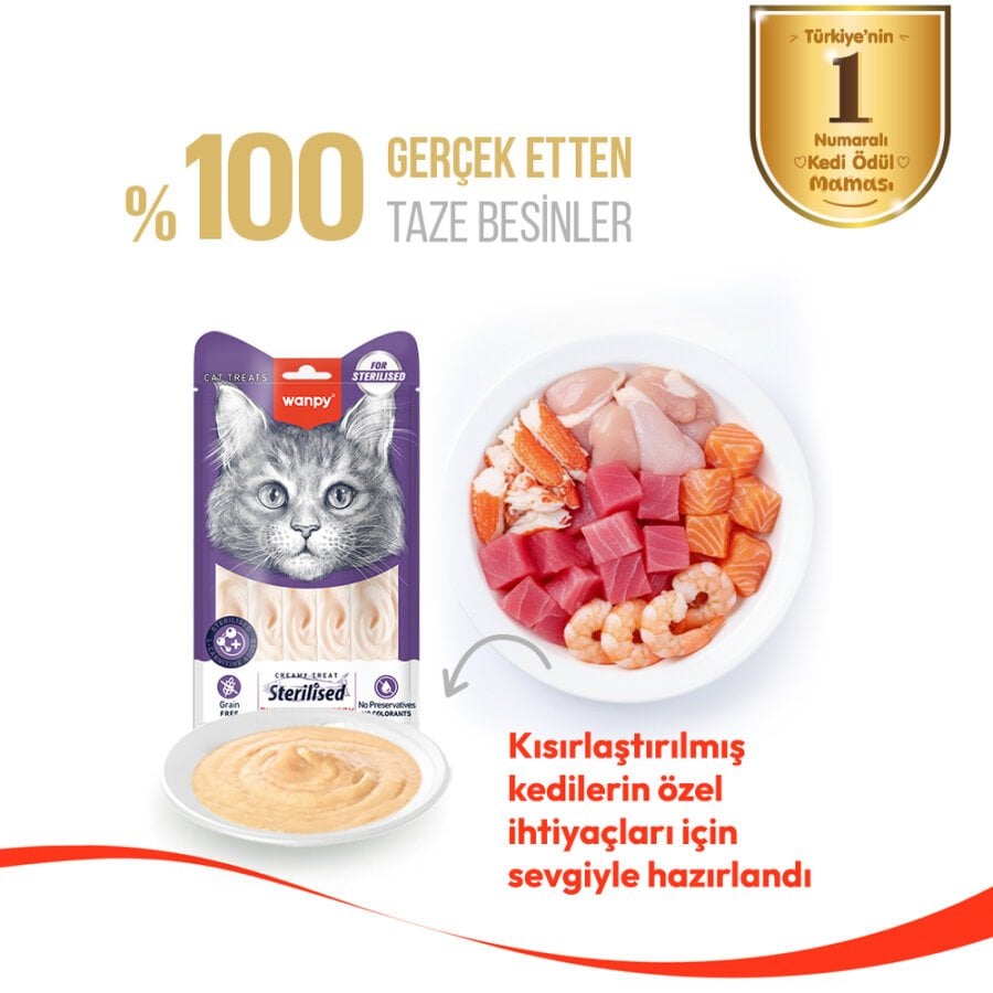Wanpy Ton Balıklı & Kızılcıklı Kısırlaştırılmış Tahılsız Kedi Krema Ödülü 5×14 g