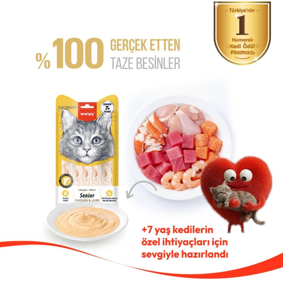 Wanpy Tavuklu & Ciğerli +7 Yaş Tahılsız Kedi Krema Ödülü 5×14 g