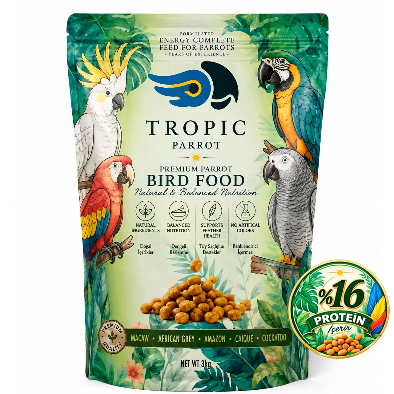 Tropic Parrots Energy Papağanlar İçin %16 Protein Pelet Yem 3 kg