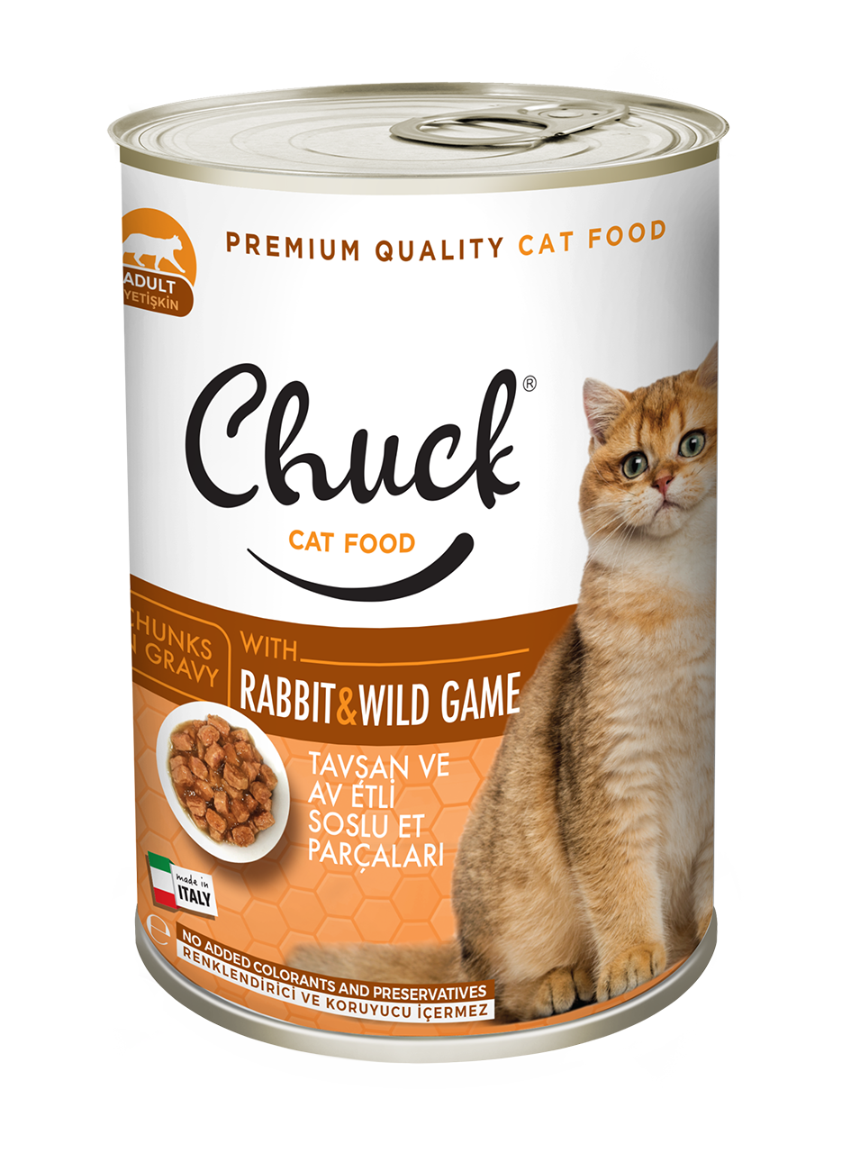 Chuck Adult Kediler İçin Tavşan Ve Av Etli Soslu Et Parçaları Konserve Mama 415 gr